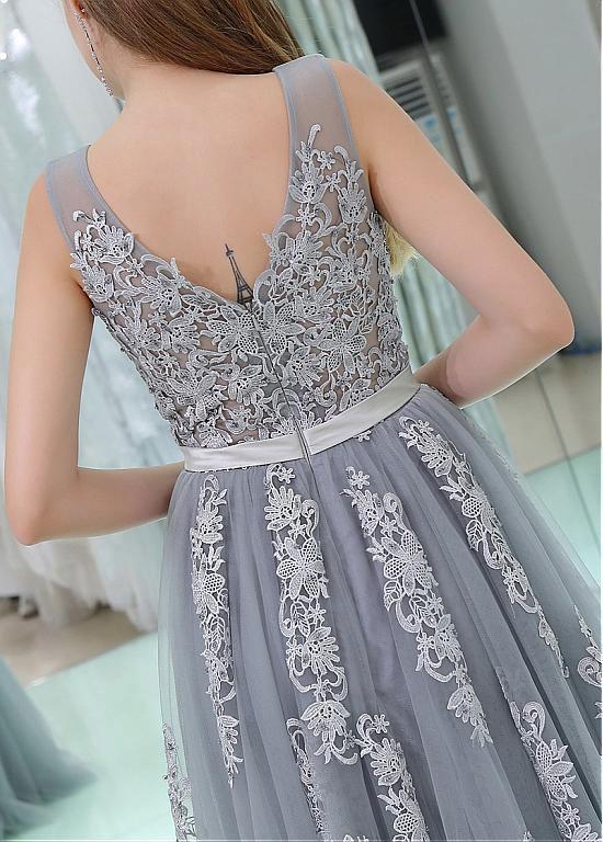 Gray Lace V Neckline Tulle Long Evening Prom Dresses, Popular Cheap Long Party Prom Dresses, 17265