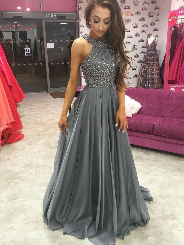 Grey Rhinestone Beading Halter Chiffon Long Evening Prom Dresses, 17345