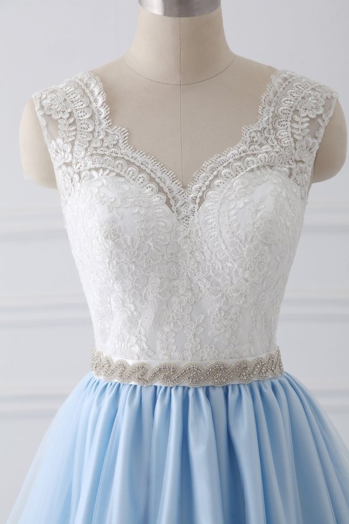 Lace Straps A line Blue Skirt Long Evening Prom Dresses, 17554