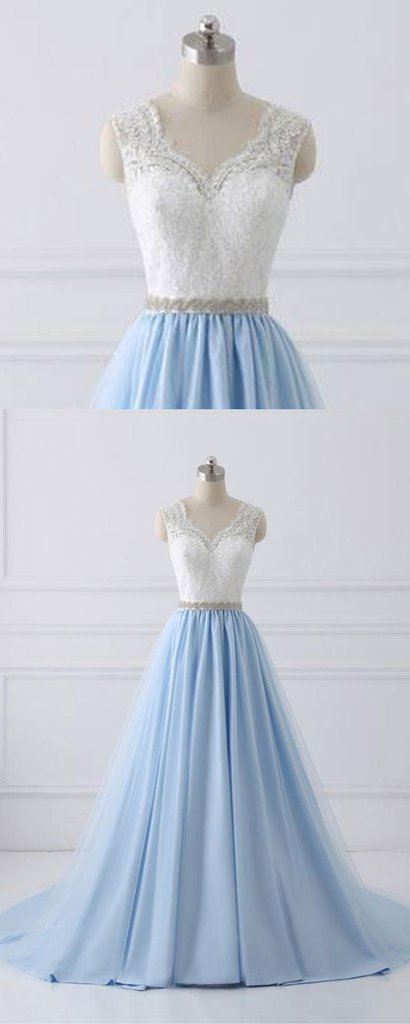 Lace Straps A line Blue Skirt Long Evening Prom Dresses, 17554