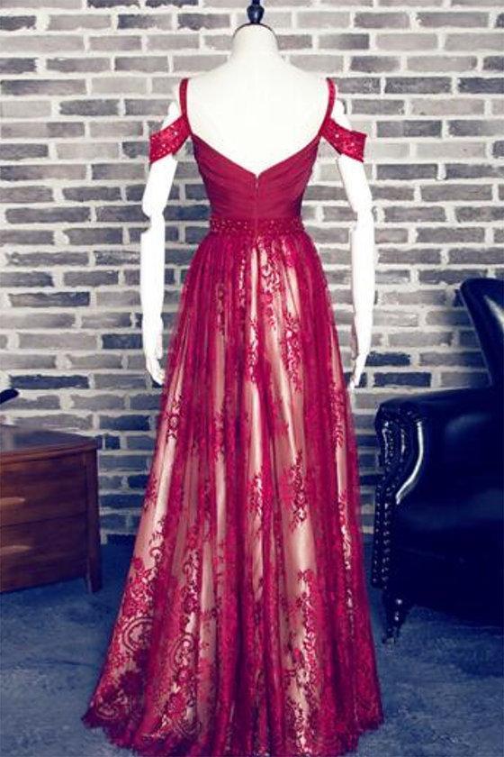 Off Shoulder Dark Red Lace Cheap Long Evening Prom Dresses, 17502