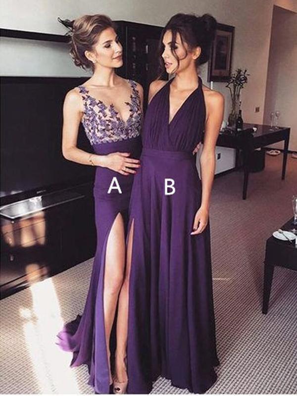 Purple Chiffon Side Slit Long Evening Prom Dresses, 17577