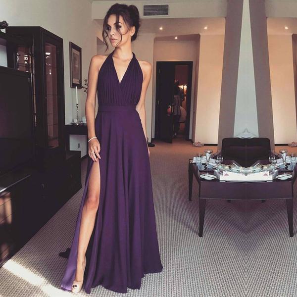 Purple Chiffon Side Slit Long Evening Prom Dresses, 17577