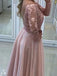 See Through Off Shoulder Lace Beaded Backless Long Sleeve Blush Pink Chiffon Long Custom Evening Prom Dresses, 17401