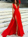 Sexy Side Slit Low V Neck A line Long Evening Prom Dresses, 17459