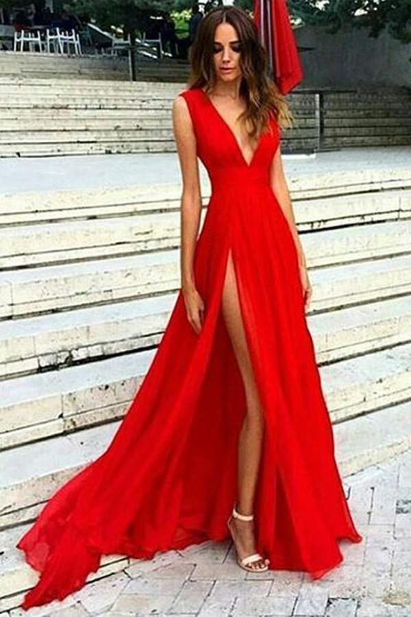 Sexy Side Slit Low V Neck A line Long Evening Prom Dresses, 17459