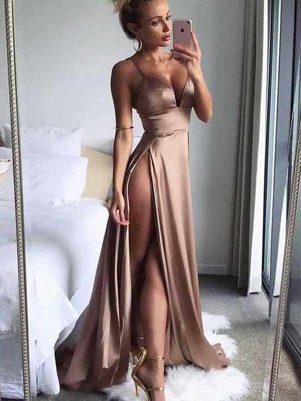 2022 Simple Sexy Side Slit V Neck Affordable Long Evening Prom Dresses, 17457