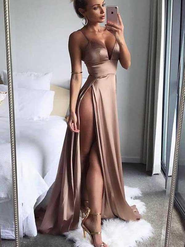 2022 Simple Sexy Side Slit V Neck Affordable Long Evening Prom Dresses, 17457