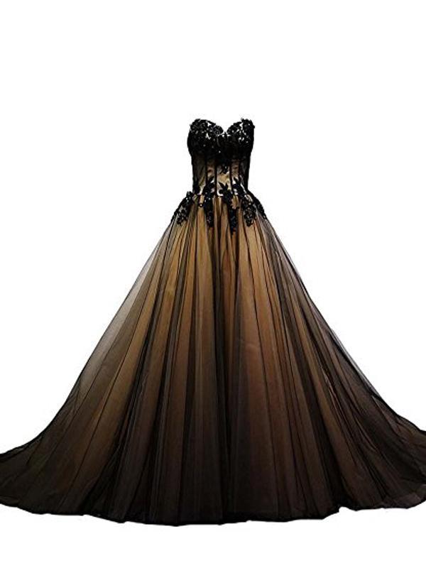 Sweetheart Black Tulle A line Long Evening Prom Dresses, 17676