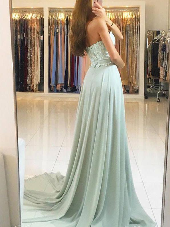 Sweetheart Green Chiffon Lace Floor Length Custom Long Evening Prom Dresses, 17367