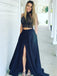 Two Pieces Navy Halter A line Side Slit Long Custom Evening Prom Dresses, 17400