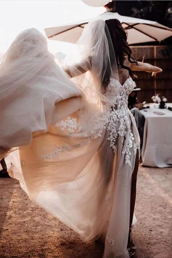 A-line Sweetheart High Slit Handmade Lace Wedding Dresses,WD790
