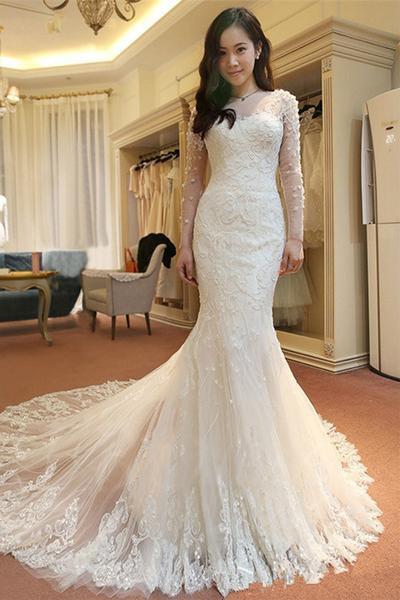 Affordable Mermaid Long Sleeve Lace Wedding Dresses, WD0092