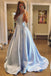 Affordable Simple V Neck A line Light Blue Satin Long Evening Prom Dresses, 17463