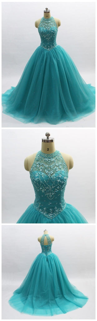 Ball Gown Turquoise Halter Beaded A-line Long Evening Prom Dresses, Cheap Sweet 16 Dresses, 18356