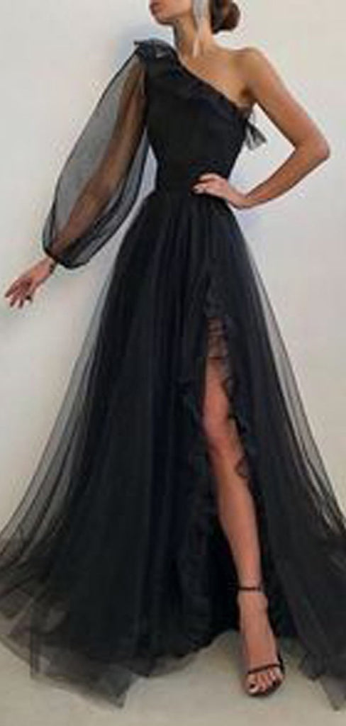 Black A-line One Shoulder Long Sleeves High Slit Prom Dresses Online,12468