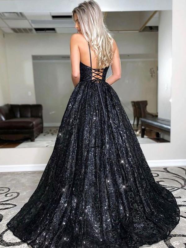 Black A-line Spaghetti Straps V-neck Backless Long Party Prom Dresses Online,12374