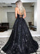 Black A-line Spaghetti Straps V-neck Backless Long Party Prom Dresses Online,12374