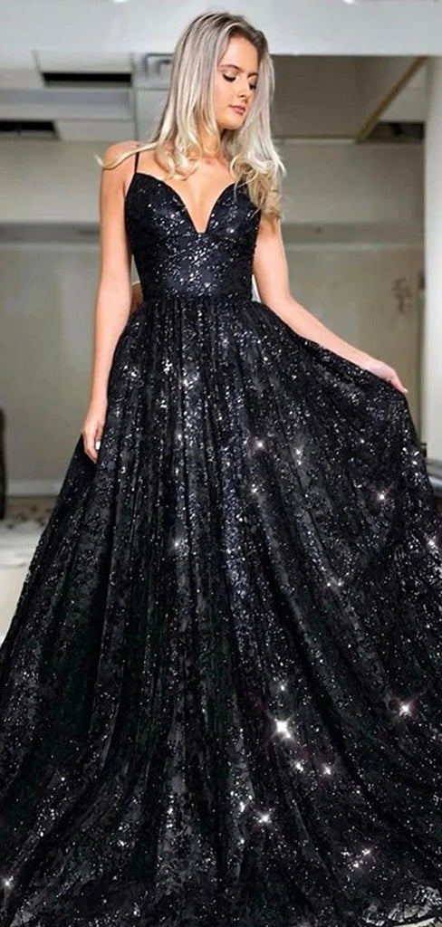 Black A-line Spaghetti Straps V-neck Backless Long Party Prom Dresses Online,12374