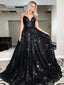 Black A-line Spaghetti Straps V-neck Backless Long Party Prom Dresses Online,12374