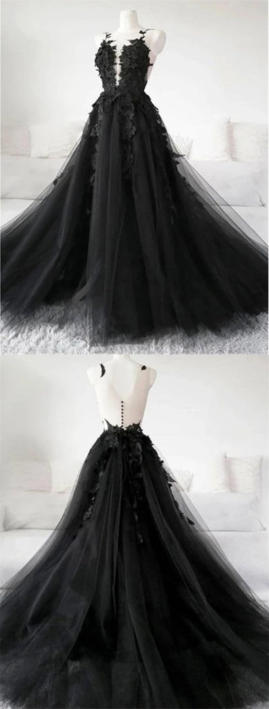 Black A-line Spaghetti Straps V-neck Long Prom Dresses Online,12542