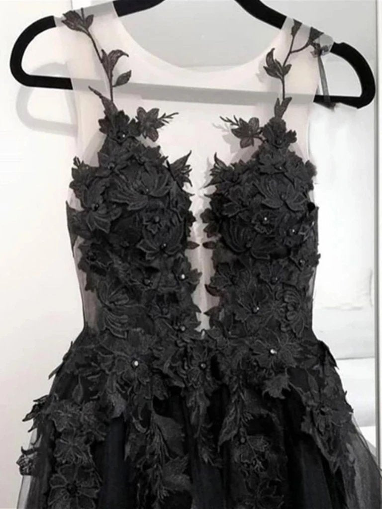 Black A-line Spaghetti Straps V-neck Long Prom Dresses Online,12542