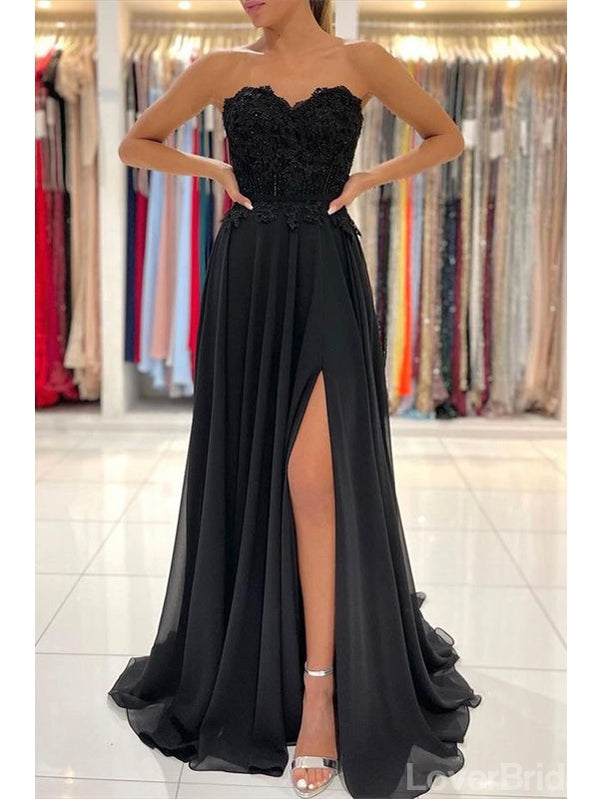 Black A-line Sweetheart High Slit Cheap Long Prom Dresses Online,12660