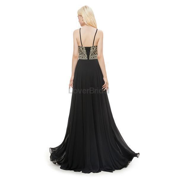 Black Chiffon Gold Lace Beaded Evening Prom Dresses, Evening Party Prom Dresses, 12053