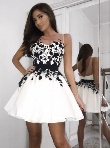 Black Lace Applique White Cheap Short Homecoming Dresses Online, CM615