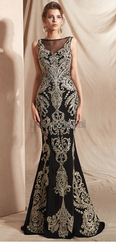 Black Lace Beaded Scoop Mermaid Evening Prom Dresses, Evening Party Prom Dresses, 12070