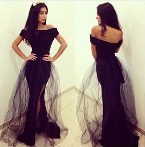 Black Lace Mermaid Cap Sleeve Sexy Side Slit Long Prom Dress, WG524