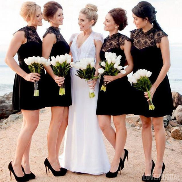 Black Lace Top Short Cheap Chiffon Wedding Bridesmaid Dresses, WG346