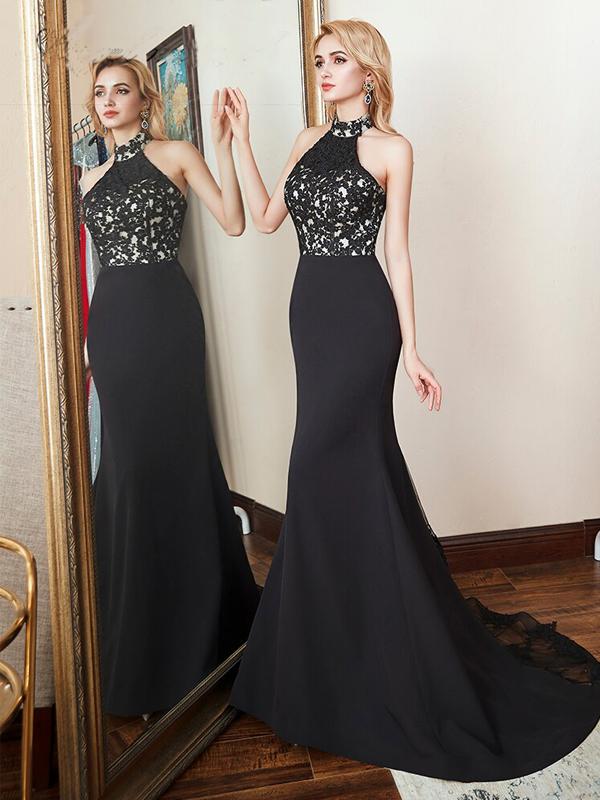 Black Mermaid Halter Sleeveless Long Prom Dresses Online, Dance Dresses,12382