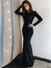 Black Mermaid Long Sleeves Jewel Open Back Cheap Long Prom Dresses,12697