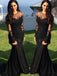 Black Mermaid Long Sleeves Jewel Party Prom Dresses, Prom Dresses With Sleeves,12346