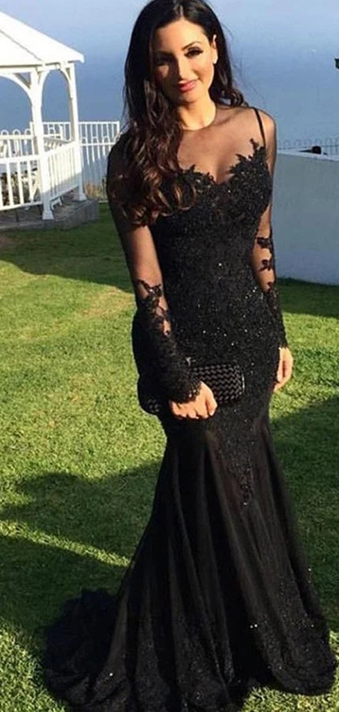 Black Mermaid Long Sleeves Jewel Party Prom Dresses, Prom Dresses With Sleeves,12346