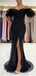 Black Mermaid Off Shoulder High Slit Cheap Long Prom Dresses,12751