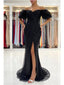 Black Mermaid Off Shoulder High Slit Cheap Long Prom Dresses,12751