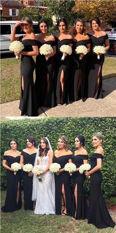 Black Mermaid Off Shoulder High Slit V-neck Long Bridesmaid Dresses,WG1009