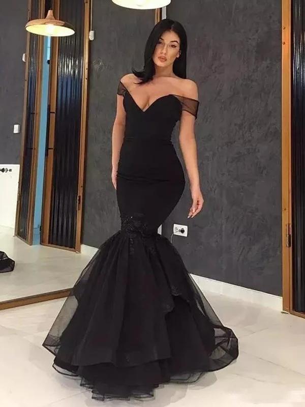 Black Mermaid Off Shoulder V-neck Party Prom Dresses, Cheap Prom Dresses 2021,12347