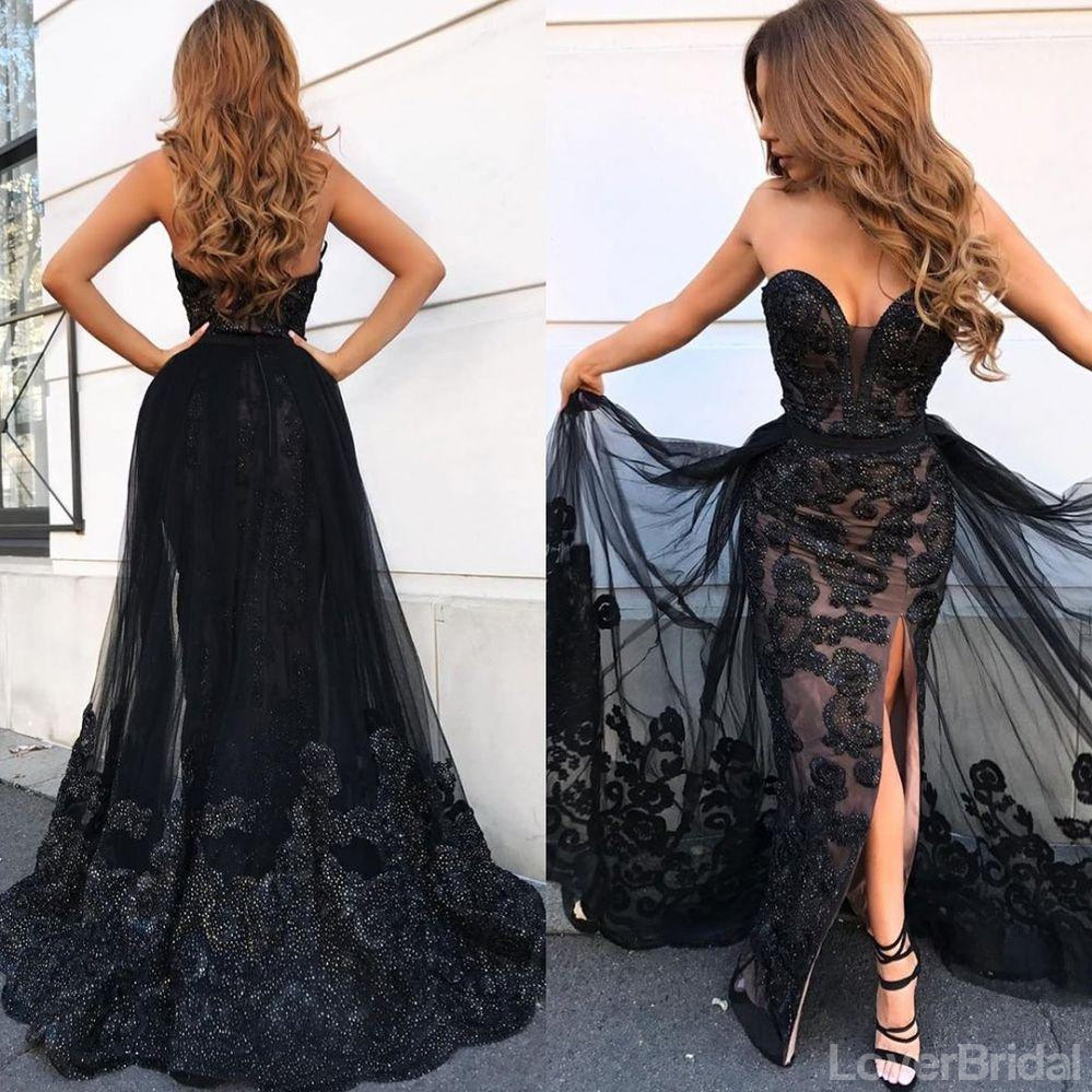 Black Mermaid Sweetheart V-neck High Slit Cheap Long Prom Dresses,12661