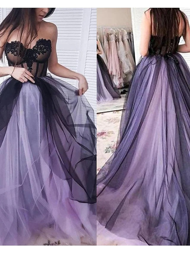 Black-Purple A-line Sweetheart Cheap Long Prom Dresses Online,12884