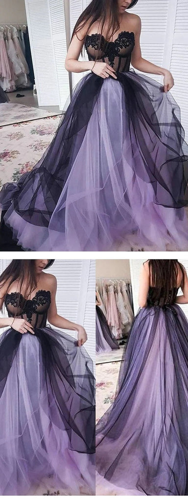 Black-Purple A-line Sweetheart Cheap Long Prom Dresses Online,12884