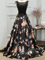 Black Scoop Neck Lace Bodice A-line Long Evening Prom Dresses, 17647