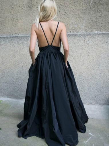 Black Sexy Backless Deep V Neck A-line Long Evening Prom Dresses, 17597