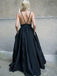 Black Sexy Backless Deep V Neck A-line Long Evening Prom Dresses, 17597