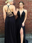 Black Sexy Backless Halter Side Slit Long Evening Prom Dresses, 17603