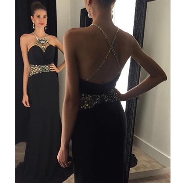 Black Sexy Open Cross Back Affordable Long Evening Prom Dress, WG289