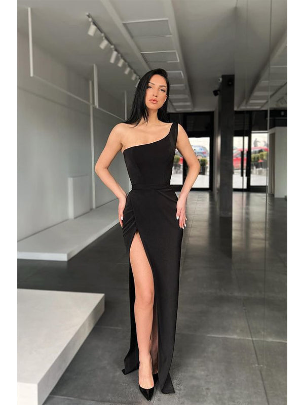 Black Sheath One Shoulder High Slit Cheap Long Prom Dresses Online,12690