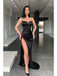Black Sheath Spaghetti Straps High Slit Cheap Long Prom Dresses Online,12691